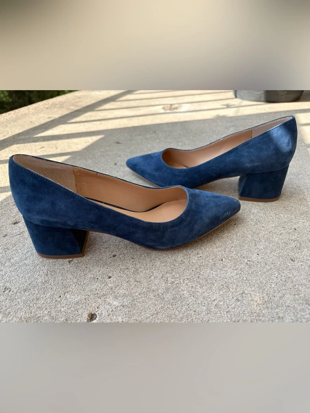 Franco Sarto Salino Blue Suede Pumps Pointed Toe Block Heel Heels NWOB Size 8M